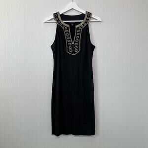 Banana Republic Womens Black Beaded Shift Dress Midi Sleeveless Gold Size Small